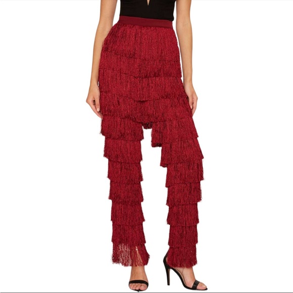 Lavish Alice Fringe Pants XS UK burgundy high waisted - Picture 2 of 10